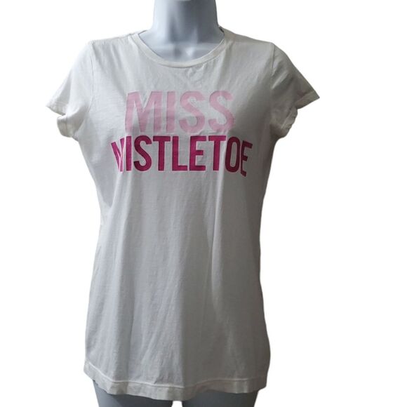 American Eagle Outfitters Tops - American Eagle Womens Pink White Glitter Miss Mistletoe Christmas Tee Shirt